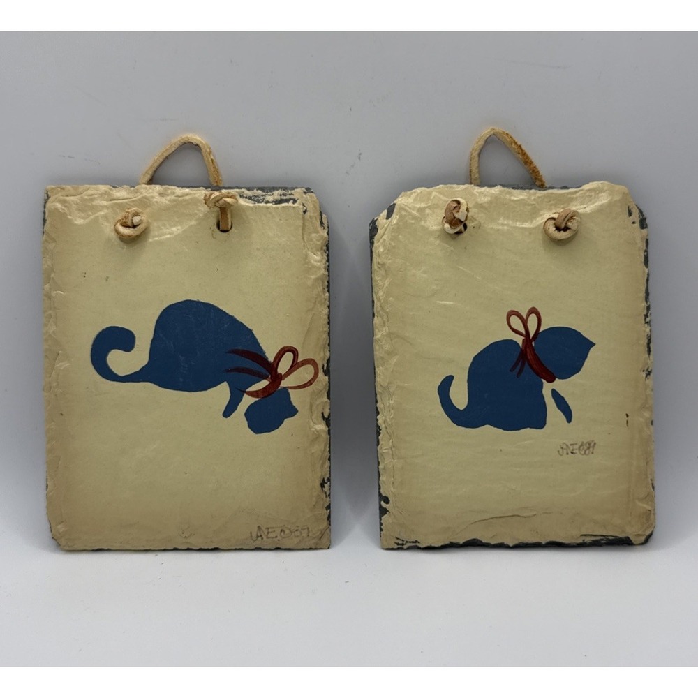 Vtg Plain Jane Slate Cat Kitten Wall Hanging Plaque Folk Art Signed Pair 3.5x4.5